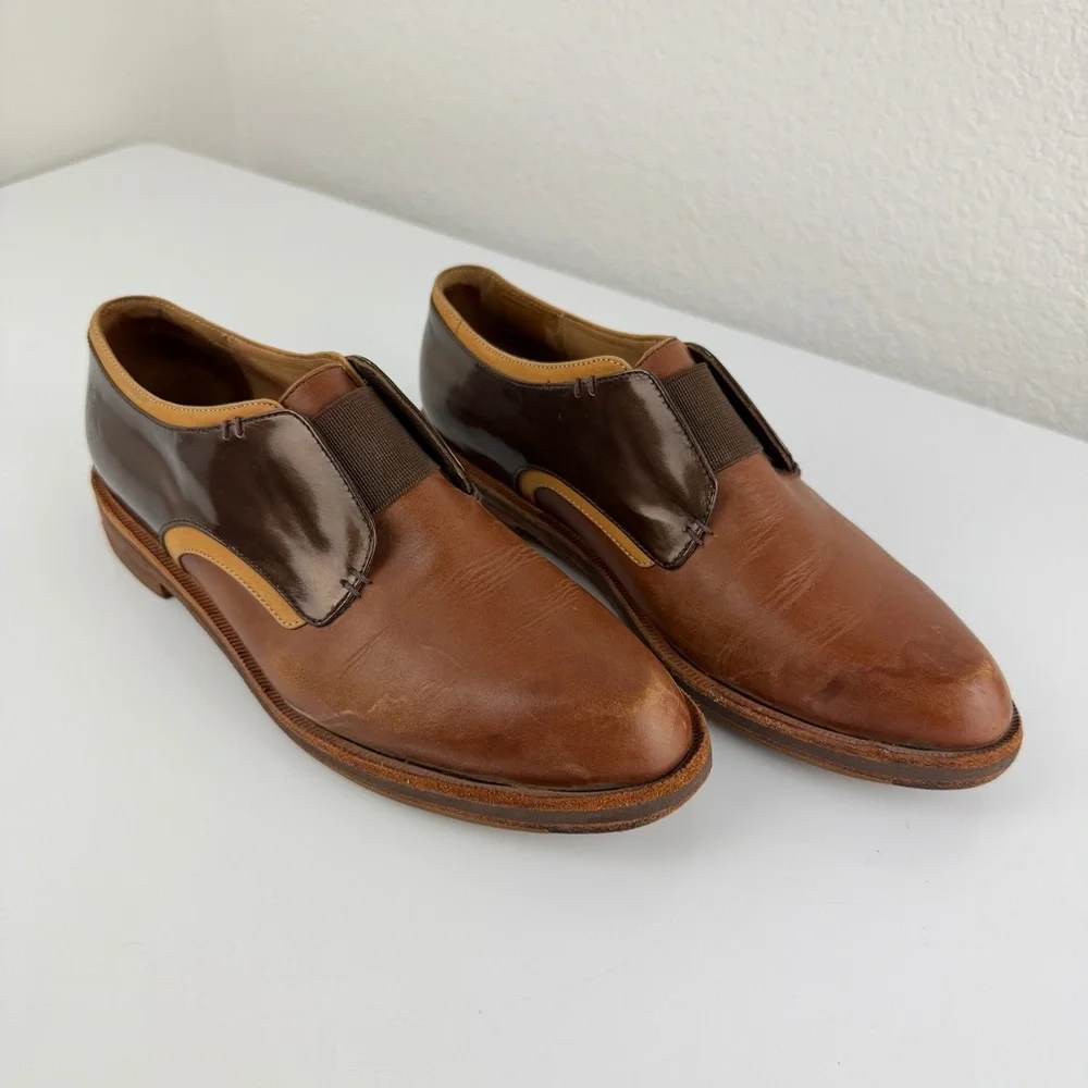 John Fluevog Brown and Dark Brown Leather Slip-On Shoes
